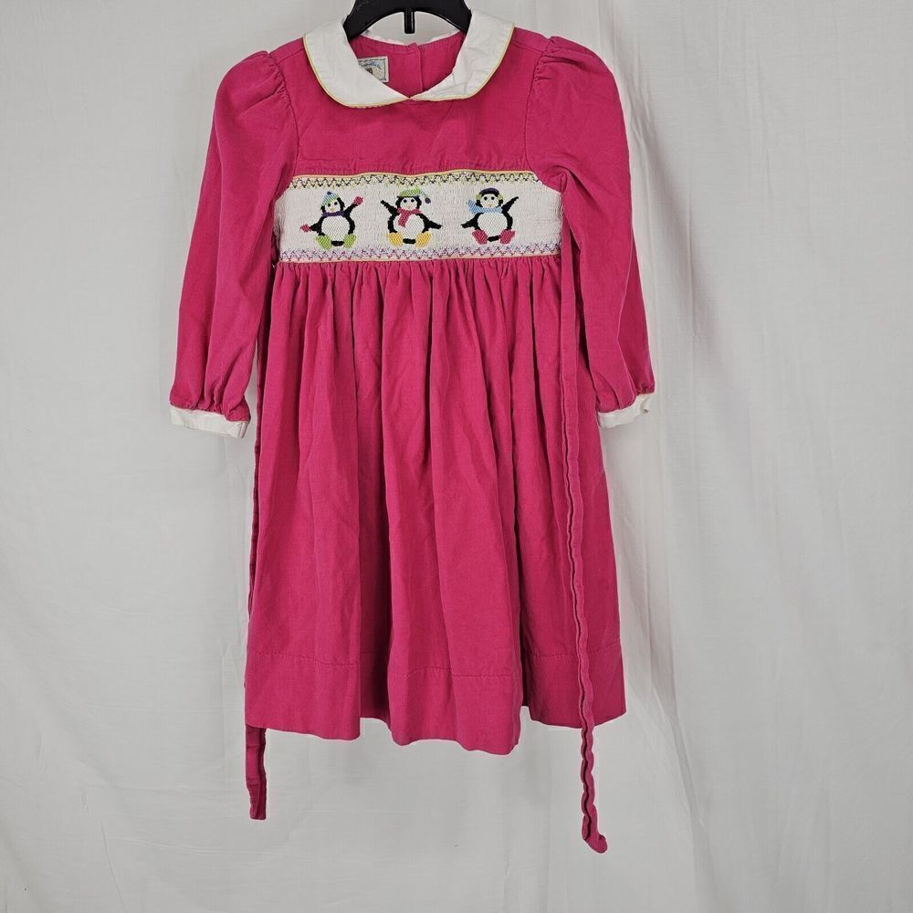 Marmellata 6 Pink Corduroy Smocked Christmas Penguin Long Sleeve Dress